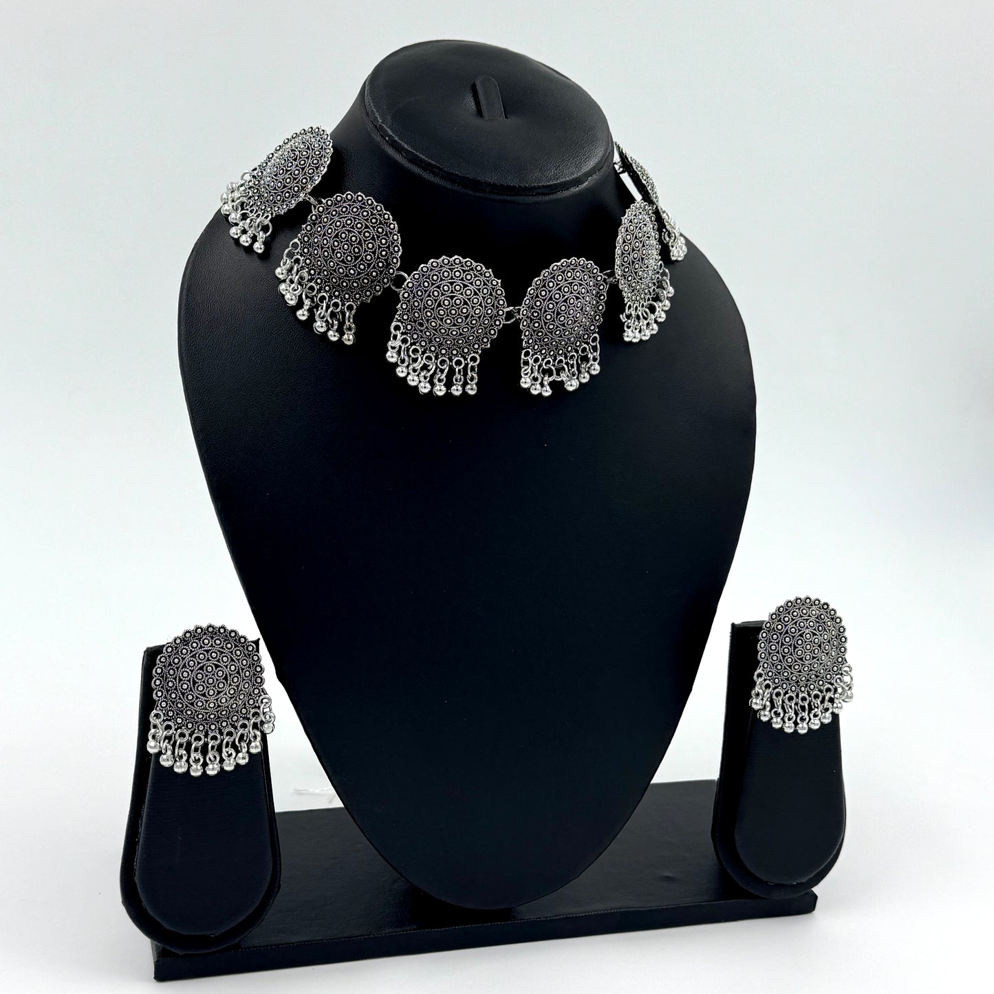 Women's Latest Design Silver Oxidized Necklace Contemporary Design Ethnic Choker Necklace Set with Earrings