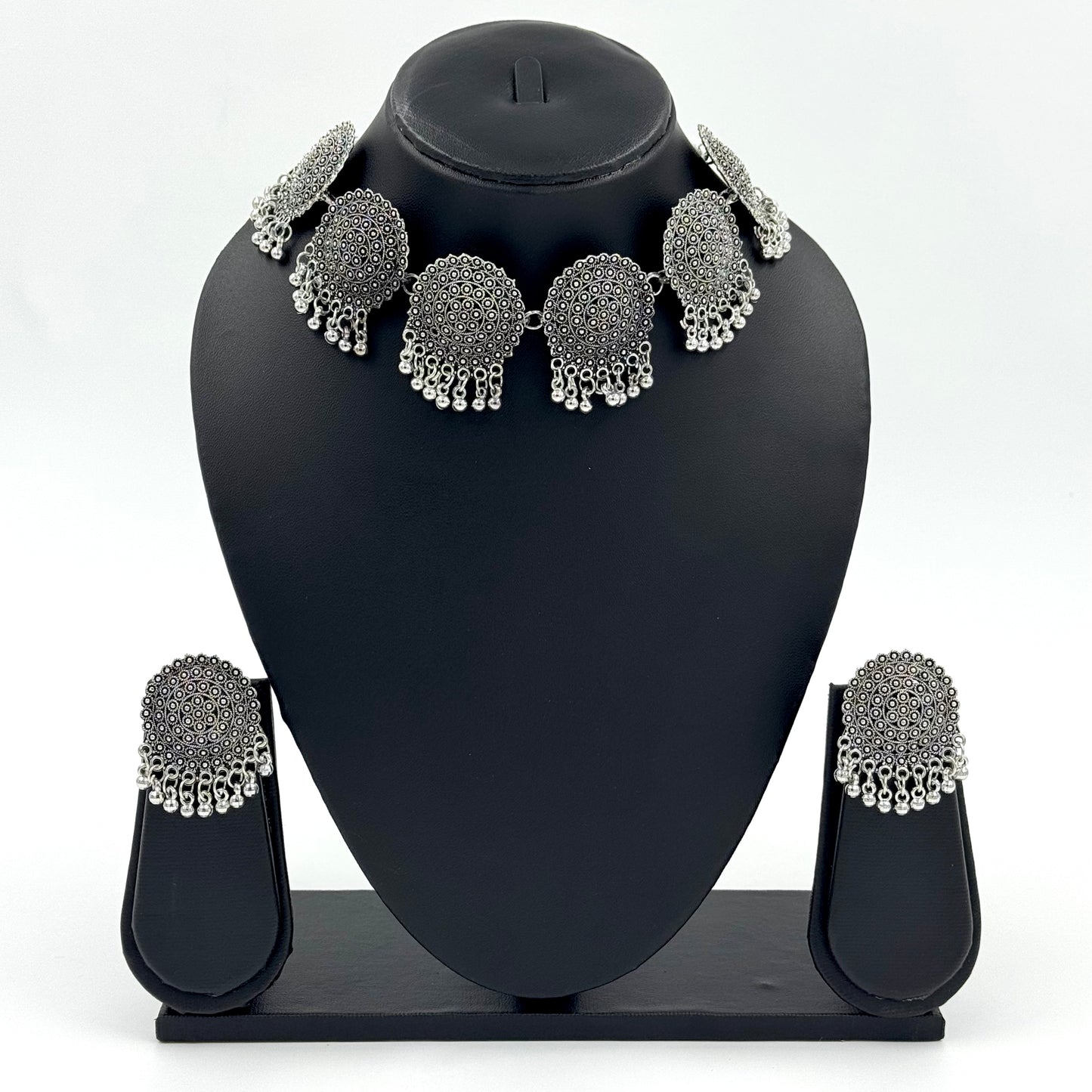 Women's Latest Design Silver Oxidized Necklace Contemporary Design Ethnic Choker Necklace Set with Earrings