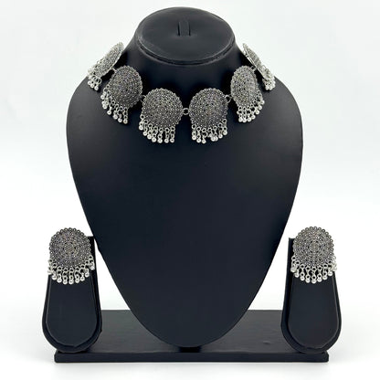 Women's Latest Design Silver Oxidized Necklace Contemporary Design Ethnic Choker Necklace Set with Earrings