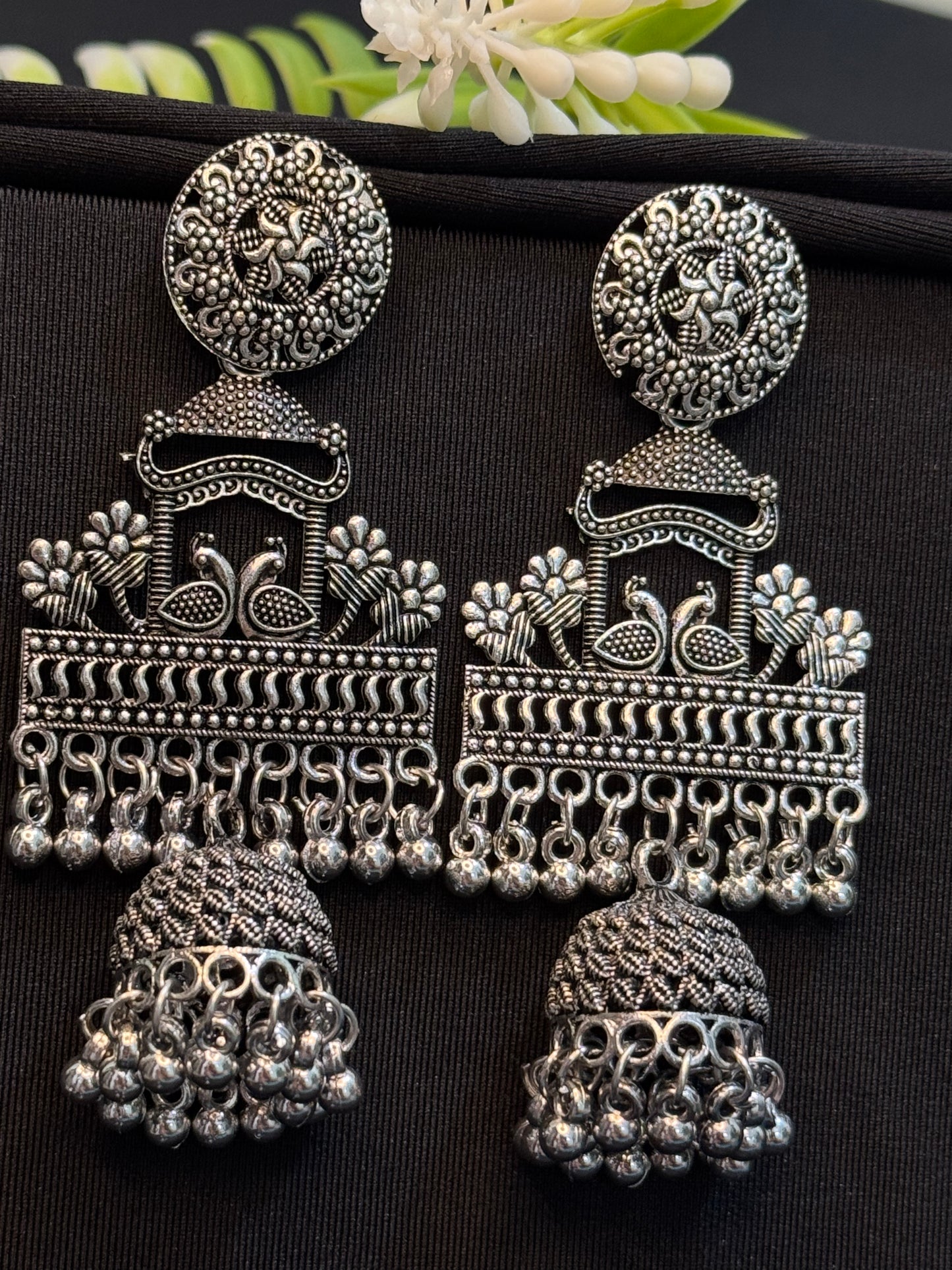 Oxidized Silver Polish Peacock Design Earring