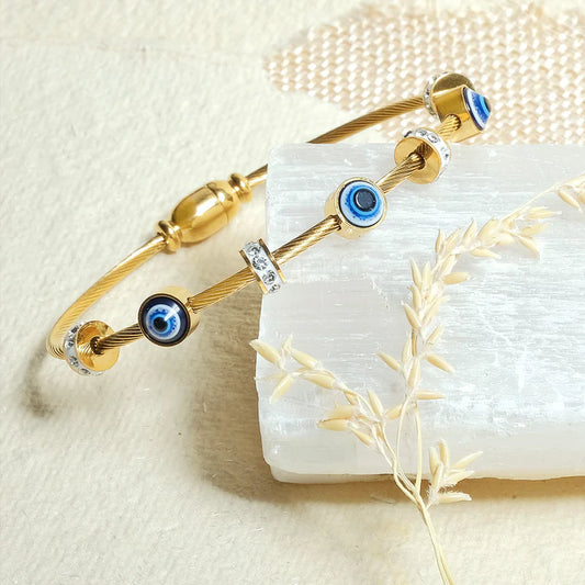 Stainless Steel Gold Evil Eyes Kada